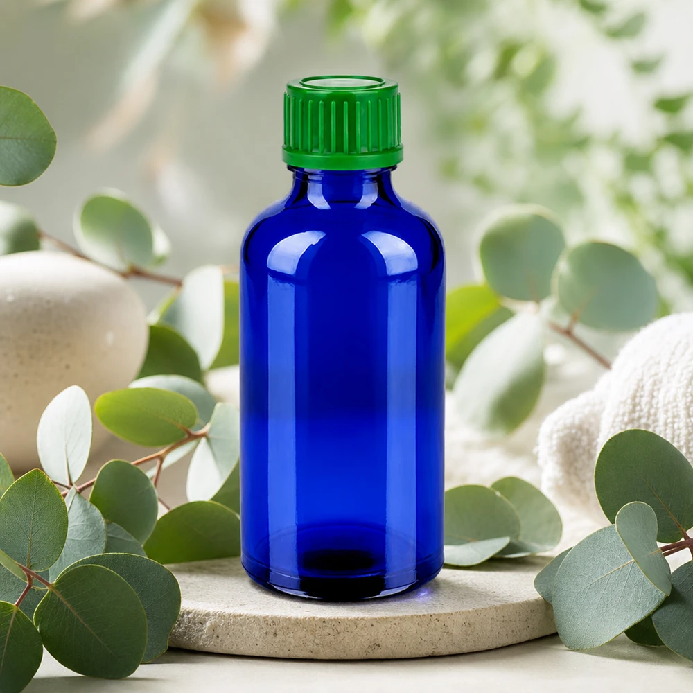 50ml Flasche 11mm Schraubverschluss grün Standard BlueLine UT18/50 Professionelle 50ml blaue Laborflasche mit dichtem grünem Verschluss für chemische Substanzen