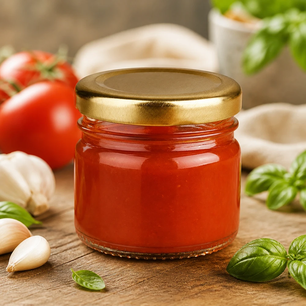 33ml Rundglas + BasicSeal Deckel gold UNiTWIST Kleines 33ml Einmachglas mit Golddeckel befüllt mit roter Pasta Sauce auf rustikalem Holztisch