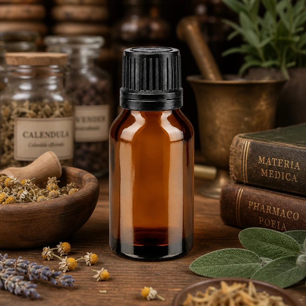 Apothekenflasche braun 15ml Tropfverschluss Giessring 1mm schwarz Originalitätsverschluss Tropfflasche braun 15ml mit schwarzem Verschluss 1mm neben Materia Medica und Pharmacopoeia Büchern
