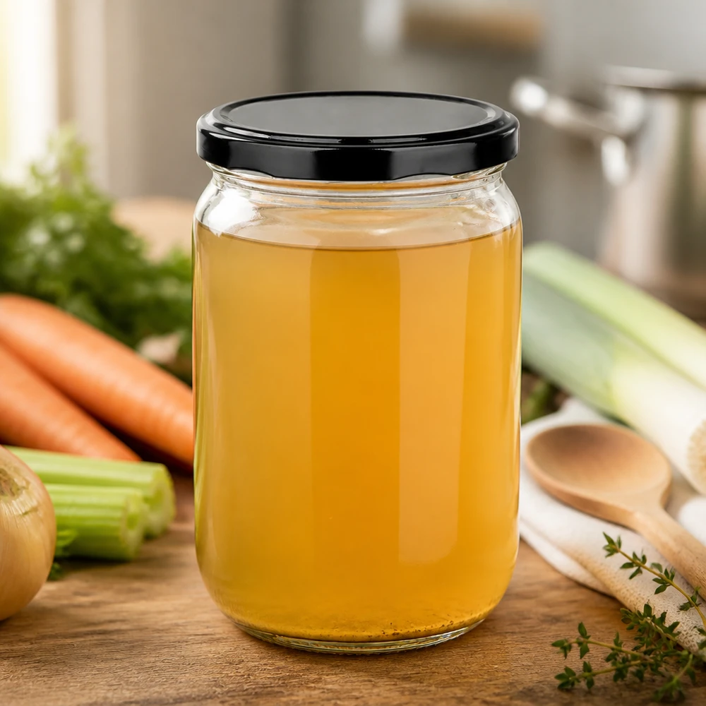 Gefülltes 555ml Einmachglas mit Brühe auf Holztisch neben frischem Gemüse und Holzlöffel