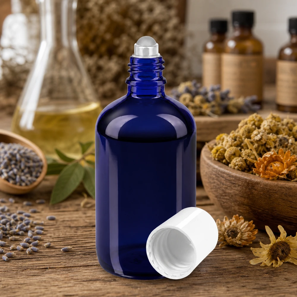 Flacone roll-on blu da 100ml STD bianco ApoGlas Flacone di vetro da farmacia blu da 100 ml con applicatore a rotella, tra erbe essiccate e fiori