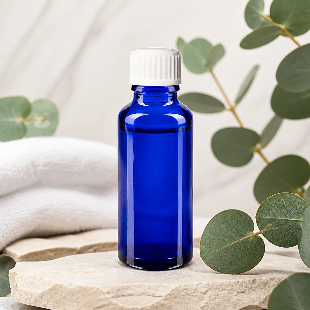 Blaue Glasflasche 30ml mit weißem Kunststoffdeckel für medizinische Flüssigkeiten