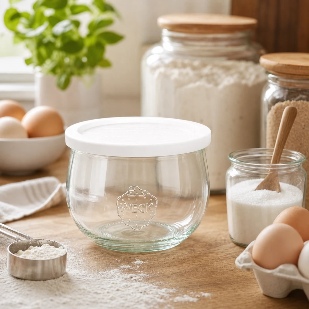 Vasetto a tulipano da 580 ml con coperchio salvafreschezza WECK RR100 WECK barattolo a tulipano 580ml RR100 vuoto con coperchio per la freschezza nella cucina da forno circondato da farina, uova e ingredienti da forno