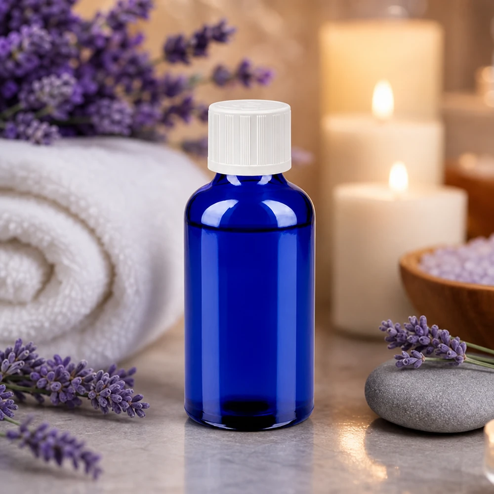 50ml Flasche 11mm Schraubverschluss weiß Standard Kindersicherung BlueLine UT18/50 Kleine blaue Glasflasche 50ml mit sicherem Verschluss für Reise und unterwegs