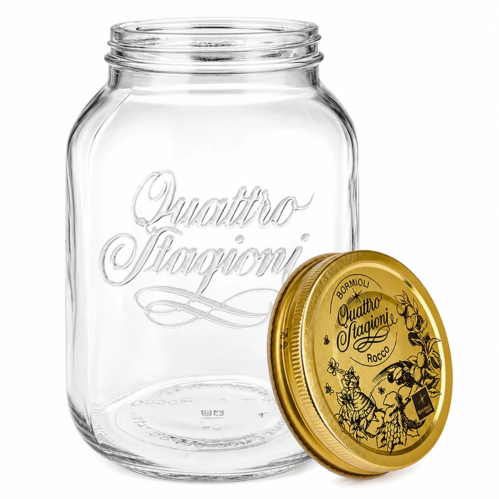 Vaso rotondo "Quattro Stagioni" da 3000 ml con coperchio Vaso per conserve Quattro Stagioni da 3000 ml con coperchio rimovibile e goffratura italiana per conservare