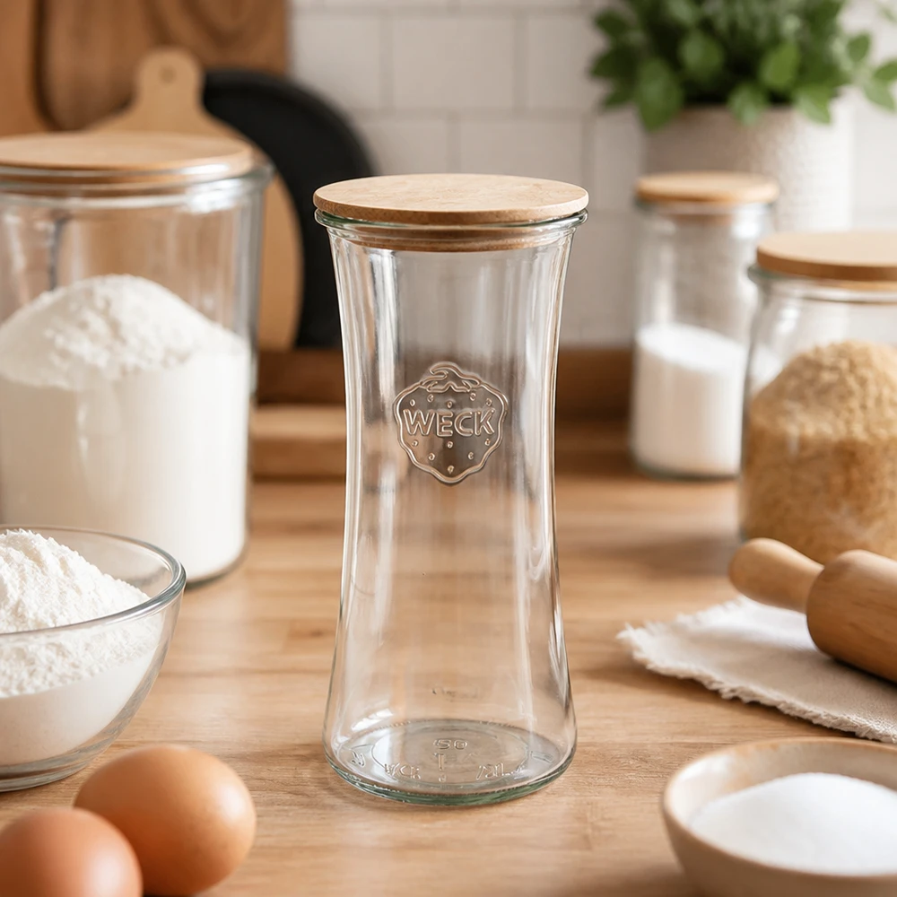 WECK barattolo da gastronomia 700ml RR80 vuoto con coperchio in bambù in cucina circondato da ingredienti da forno farina uova barattoli di stoccaggio