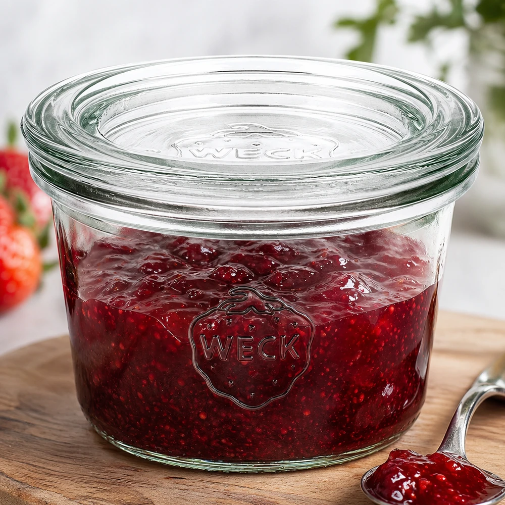 Bocal en verre de 80 ml avec couvercle en verre WECK RR60 WECK Sturzglas 80ml RR60 mit roter Erdbeermarmelade gefüllt zeigt praktische Nutzung zum Einkochen von Konfitüre
