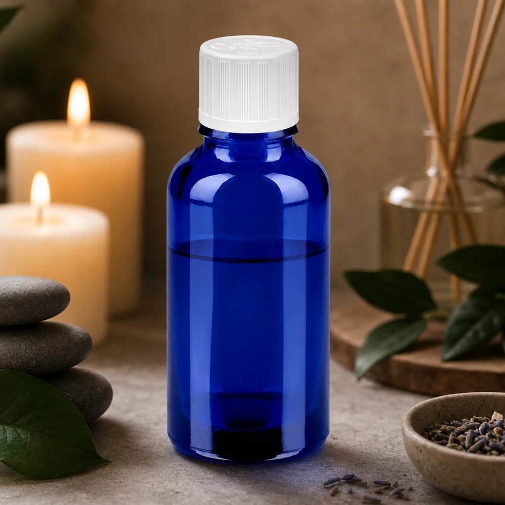Flacone compatto da 30 ml in vetro blu cobalto con tappo robusto per l'uso quotidiano