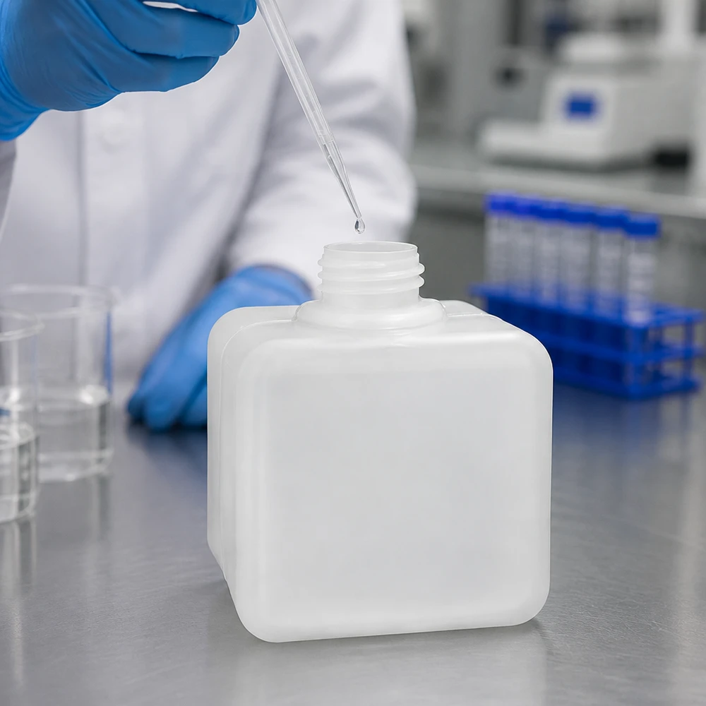 Flacon de laboratoire translucide en PE-HD, 500 ml, carré, à col étroit GL32, destiné à l'analyse chimique
