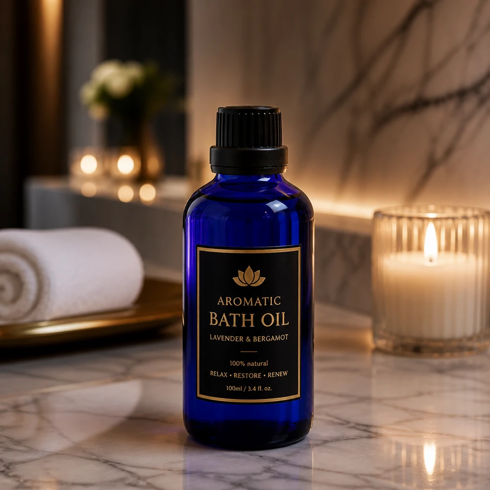 Flacon à pharmacie bleu 50ml bouchon inviolabilité 2mm noir Flacon en verre d'apothicaire bleu de 50 ml muni d'un bouchon OV noir, posé sur du marbre à côté d'une bougie parfumée allumée