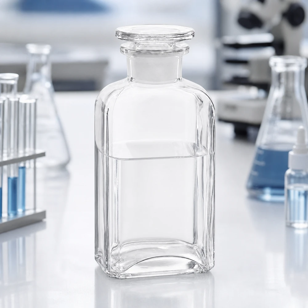 Bottiglia quadrata da 250 ml con collo largo e tappo in vetro Bottiglia quadrata da 250 ml in vetro trasparente con collo largo e tappo di vetro su un tavolo da laboratorio con microscopio