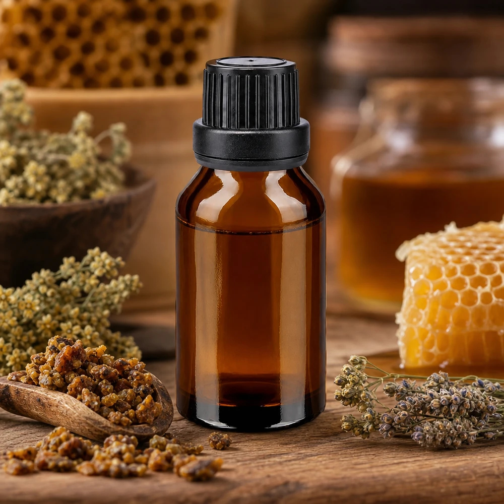 Flacon de pharmacie brun 15ml bouchon vissable noir bouchon inviolabilité Flacon de pharmacie en verre ambré de 15 ml contenant de la propolis, des rayons de miel et des plantes médicinales, destiné aux produits naturels
