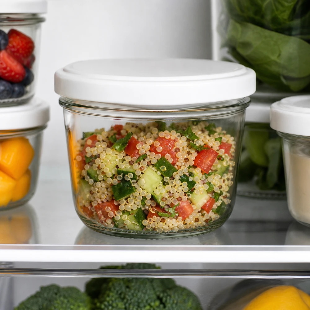 Bicchieri da 230 ml con insalata di quinoa in frigorifero: una pratica conservazione per pasti salutari