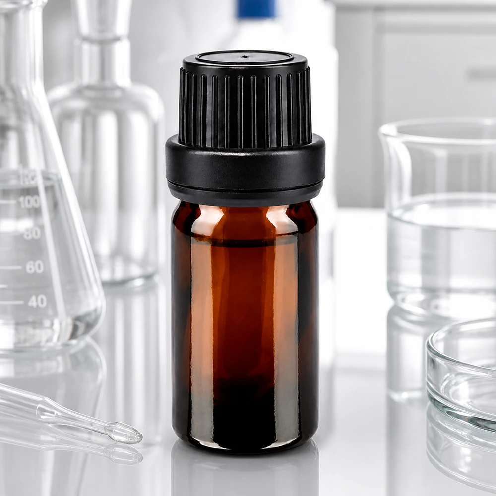 Apothekenflasche braun 5ml Schraubverschluss schwarz Dichteinlage Originalitätsverschluss Kleine Braunglasflasche 5ml mit manipulationssicherem Schwarzverschluss 11mm