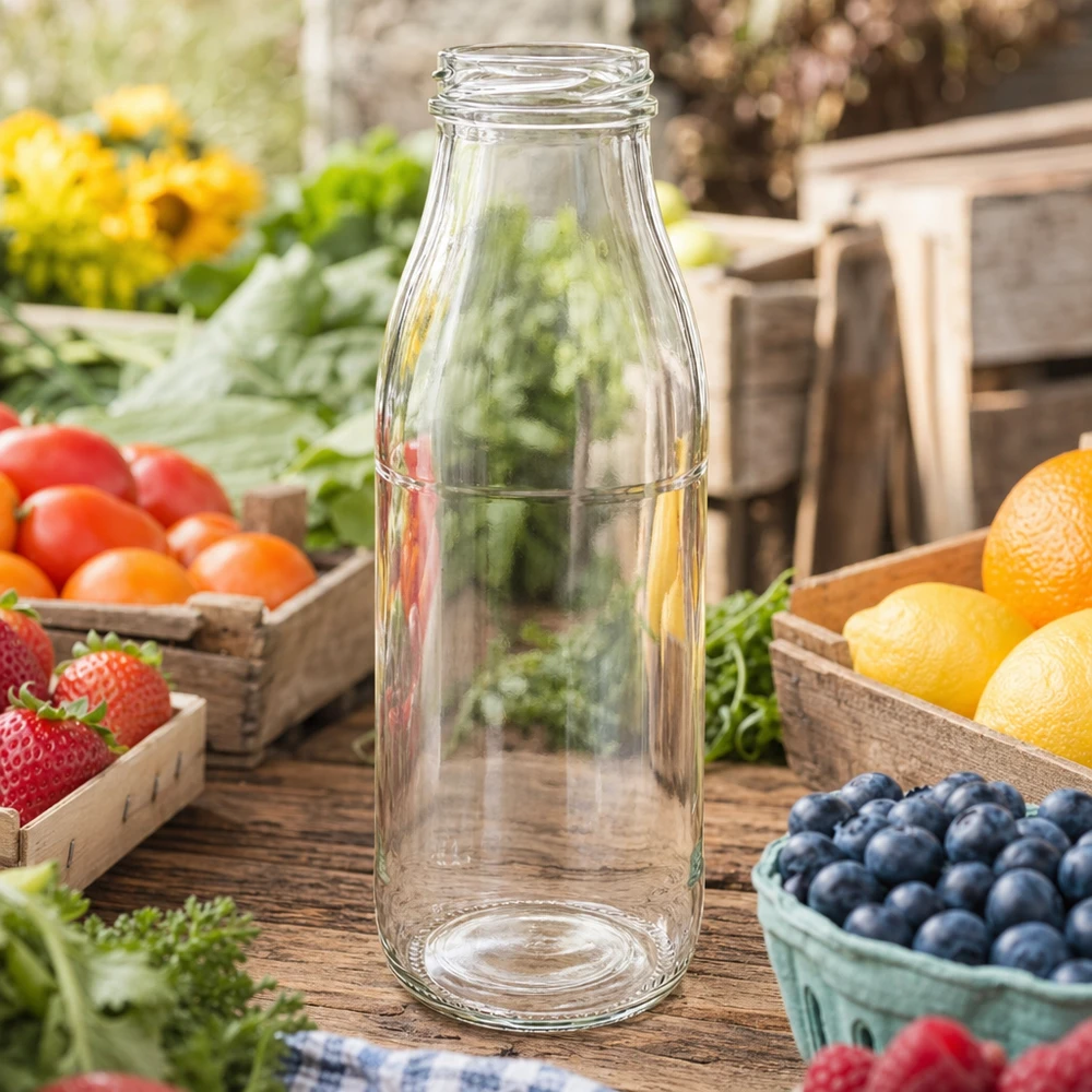 Bottiglia di vetro da 500 ml TO48 UNiTWIST vuota su un tavolo di legno rustico circondato da frutta e verdura fresca in cassette di legno.