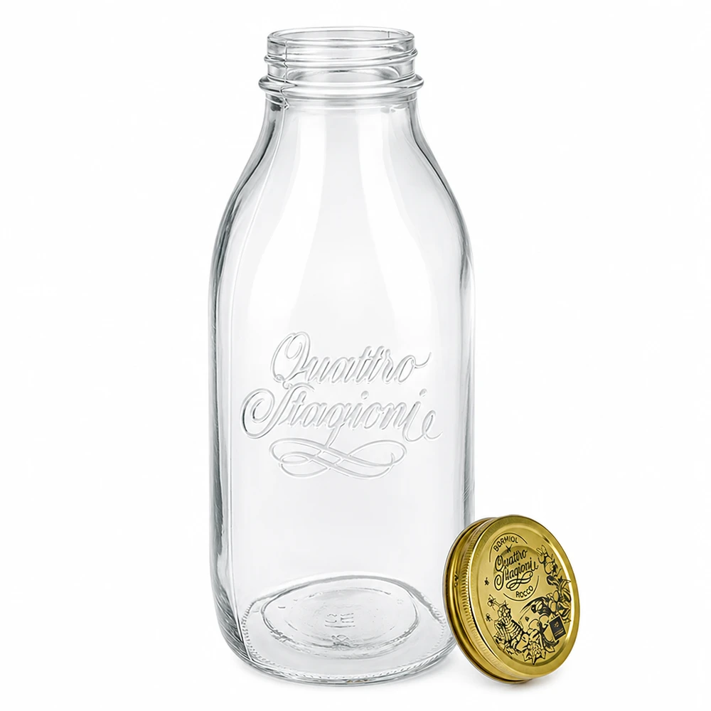 Bottiglia in vetro da 1000ml "Quattro Stagioni" con coperchio Bottiglia in vetro Quattro Stagioni 1000ml con coperchio dorato rimovibile, scritte in rilievo, design classico della bottiglia del latte