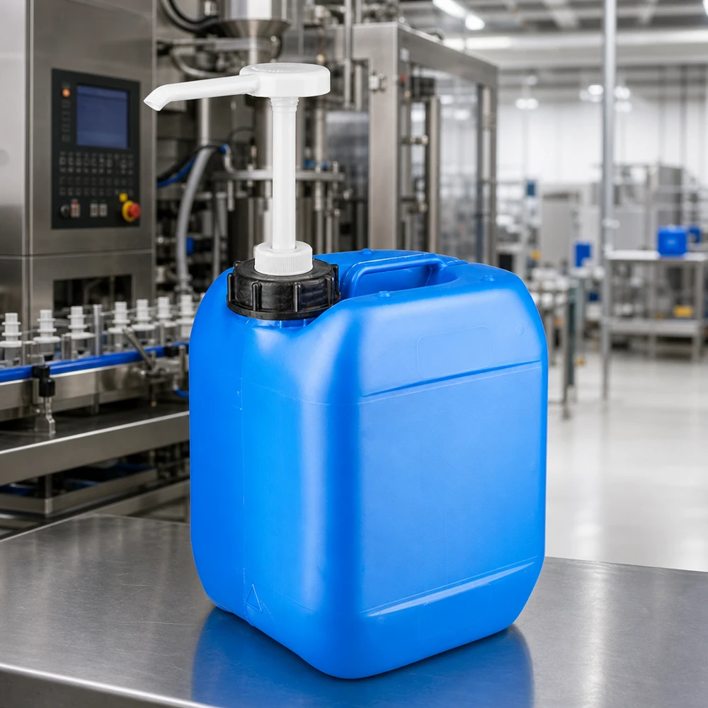 Bidon de 5 litres bleu avec pompe doseuse Bidon bleu de 5 litres équipé d'une pompe doseuse, posé sur une table en acier inoxydable dans une installation de remplissage industrielle