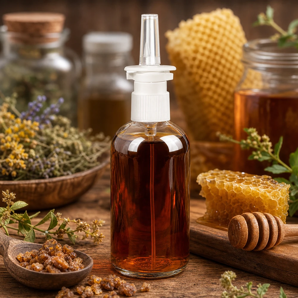 Flacone spray nasale ClearLine da 100 ml contenente estratto di miele, oltre a favi e erbe aromatiche