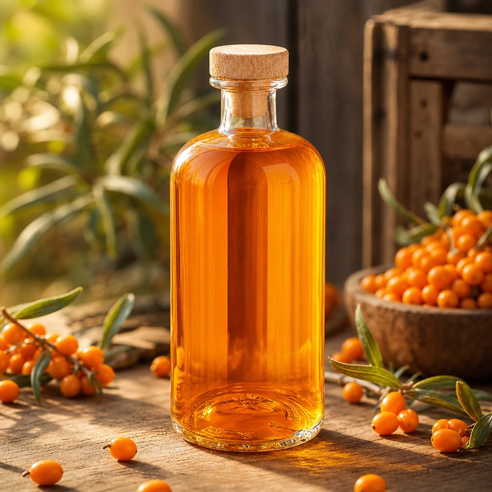 Flacone farmaceutico da 500 ml Flora con tappo in sughero con impugnatura in legno UNiTWIST® Bottiglia da 500 ml in vetro Flora con tappo in legno olio di olivello spinoso arancione tra bacche di olivello spinoso su tavolo di legno prodotto naturale