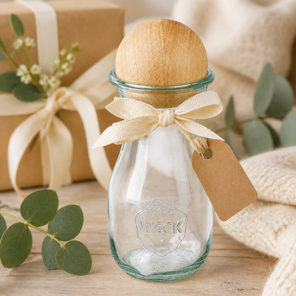 Bottiglia per succhi di frutta da 290 ml WECK RR60 con sfera in legno di faggio Bottiglia di succo WECK da 290 ml RR60 confezionata con fiocco ed etichetta accanto a una decorazione di eucalipto