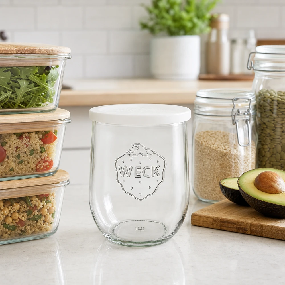 Barattolo a tulipano da 1062 ml con coperchio salvafreschezza WECK RR100 WECK Tulpenglas 1062ml RR100 auf Küchenarbeitsplatte zwischen Vorratsgläsern und Avocado als stilvolles Küchenzubehör