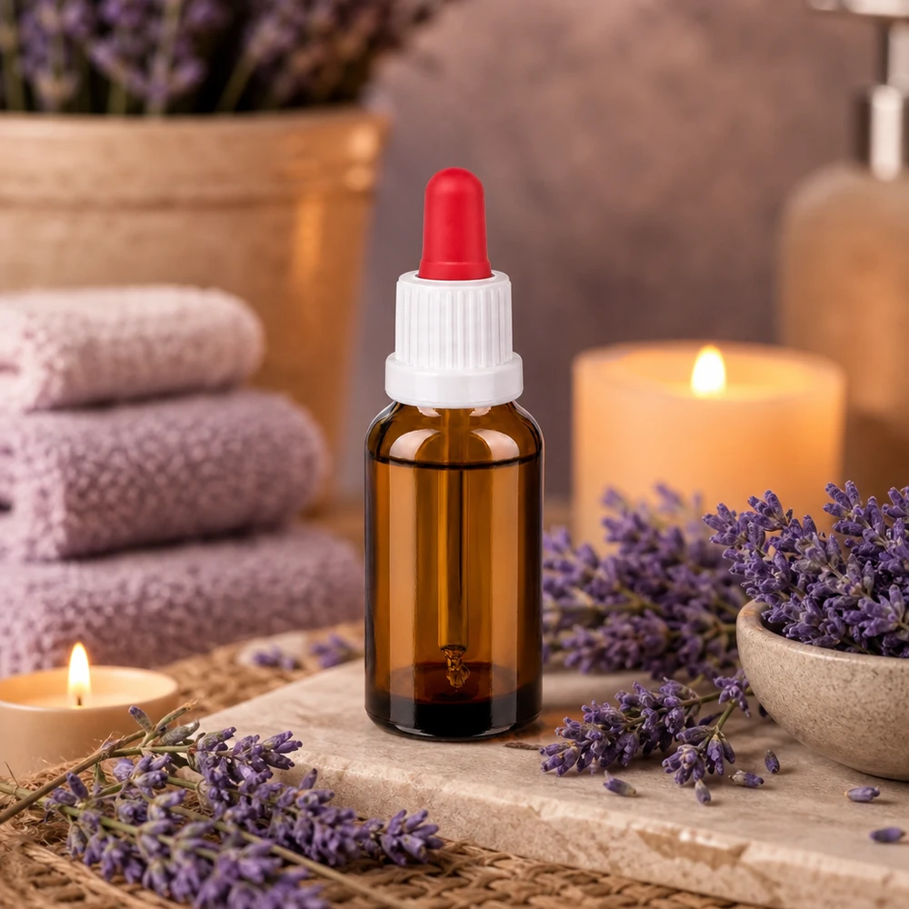 Bottiglia professionale in vetro ambrato da 20 ml con filettatura bianca e pipetta rossa per applicazioni di laboratorio