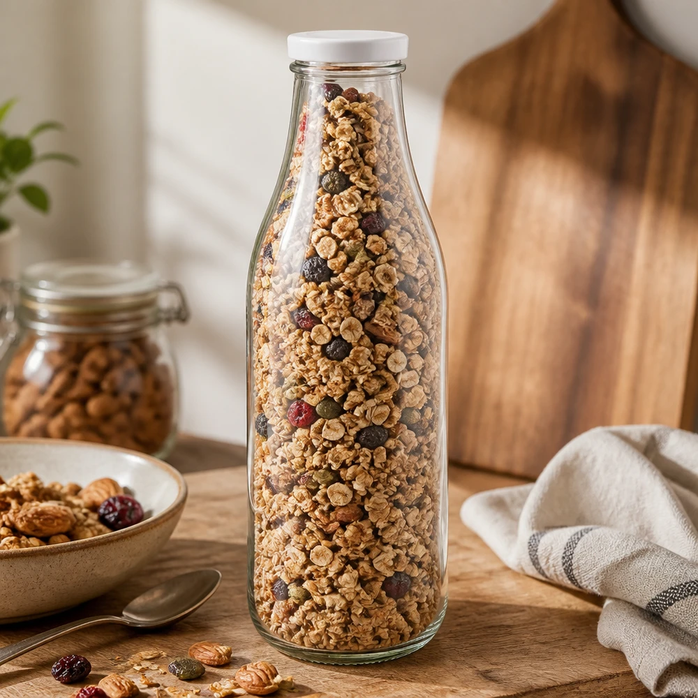 Bottiglia di vetro da 1000 ml + coperchio BasicSeal bianco UN.. Bottiglia in vetro da 1000 ml con coperchio BasicSeal bianco riempita con muesli granola noci frutta secca conservazione
