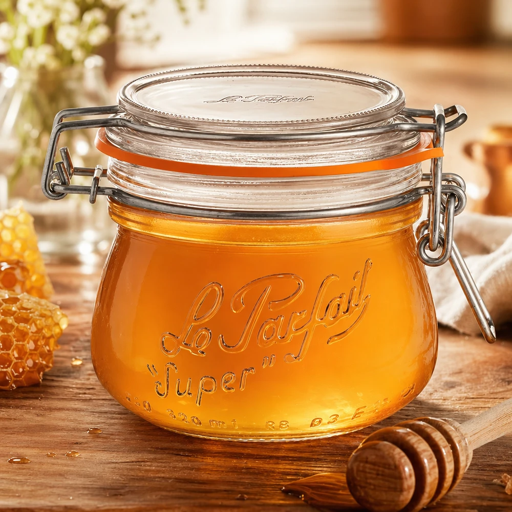 Vasetto Le Parfait® 250 ml Ø70 mm conserve Vasetto Le Parfait Super da 250 ml con tappo girevole riempito di miele su tavoletta di legno con cucchiaio da miele