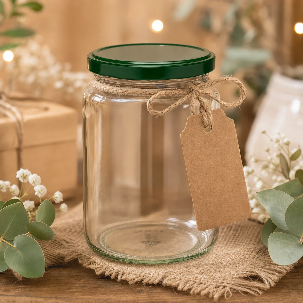 Barattolo rotondo UNiTWIST da 795 ml con coperchio verde, etichetta in carta kraft e cordoncino di iuta - confezione regalo rustica