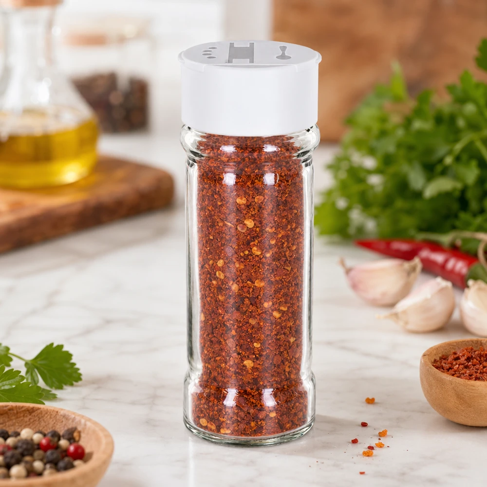 Pot à sel/épices 100 ml avec double saupoudreuse, blanc Gewürzstreuer 100ml Glas mit weißem Kunststoffstreuerdeckel für Chiliflocken und Salz