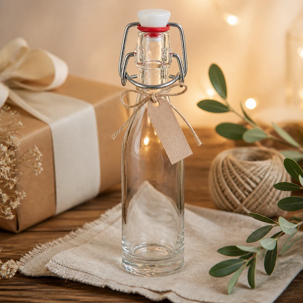 Bottiglia decorativa in vetro da 50 ml con tappo a battente e nastro marrone in una scena d'ambiente naturale