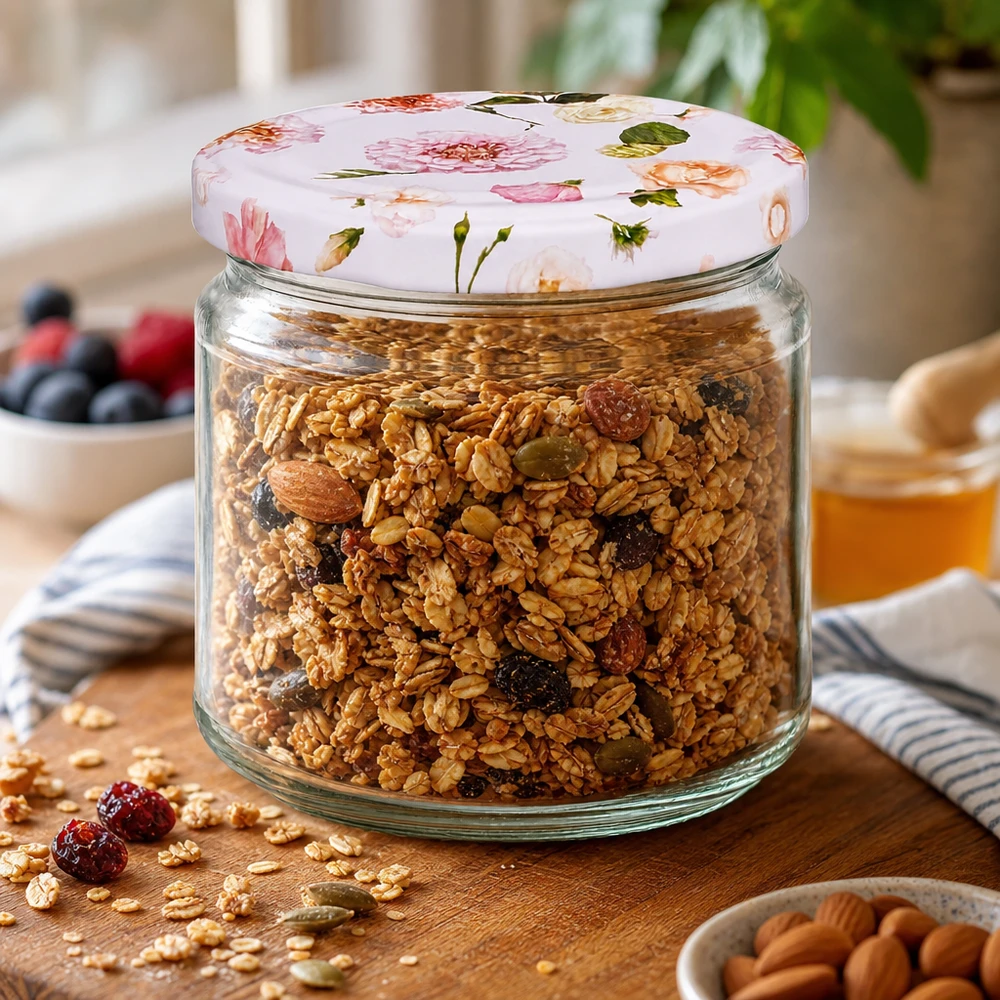Barattolo rotondo da 330 ml + coperchio BasicSeal rosa fiore UNiTWIST 330ml barattolo rotondo rosa motivo floreale pieno di muesli granola noci uva sultanina colazione barattolo di stoccaggio cucina