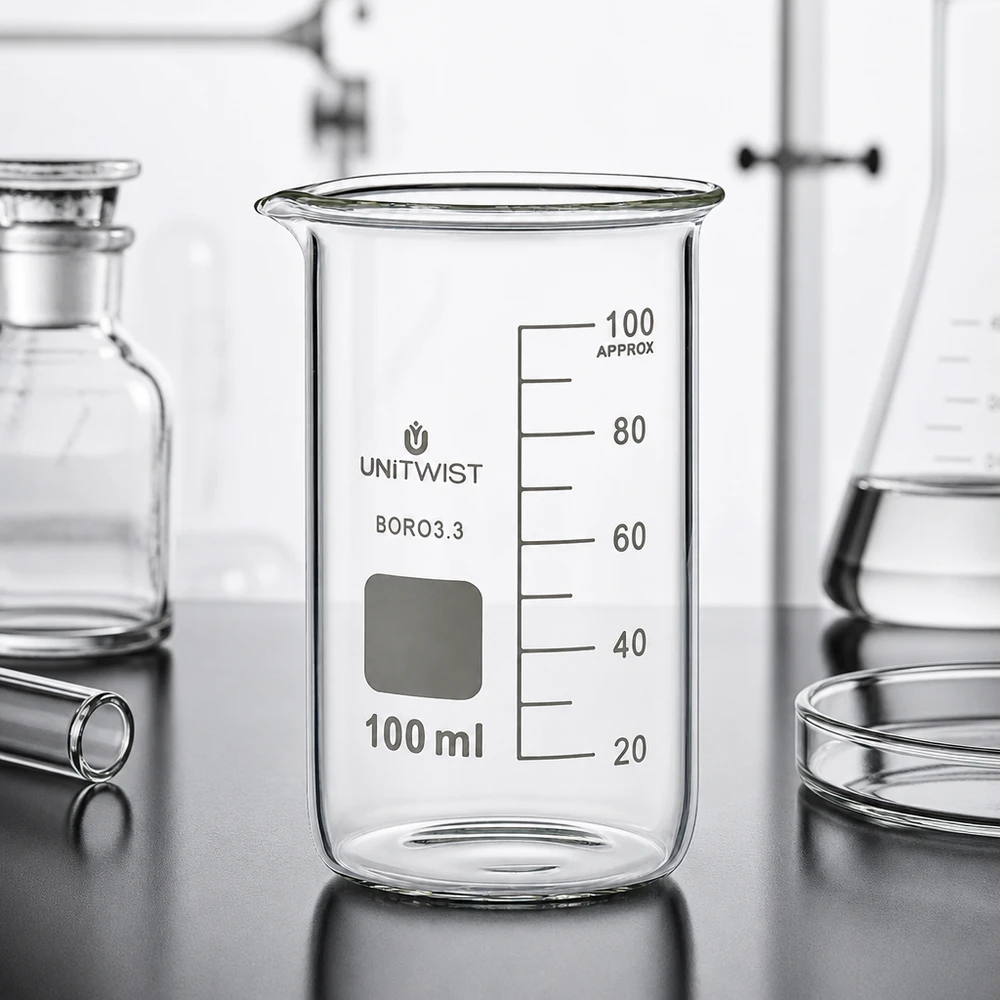 Bicchiere da 100 ml in borosilicato, forma alta UNITWIST Vaso di vetro UNITWIST da 100 ml, forma alta, borosilicato 3.3, vuoto, su un banco da laboratorio con strumenti da laboratorio