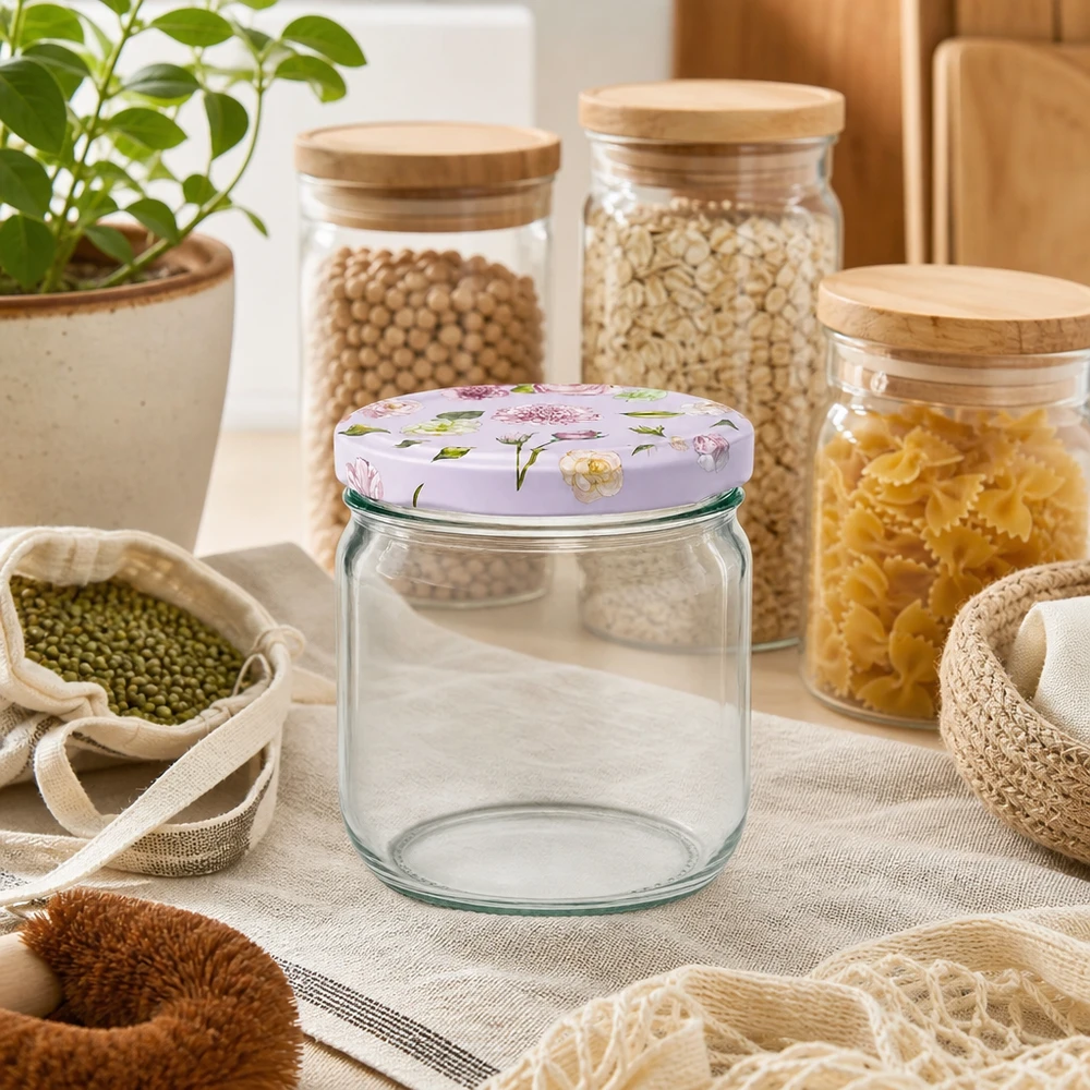 425ml vaso rotondo + coperchio BasicSeal rosa fiore UNiTWIST Barattolo rotondo da 425 ml con coperchio a fiore rosa nella cucina sostenibile tra barattoli e borse ecologiche