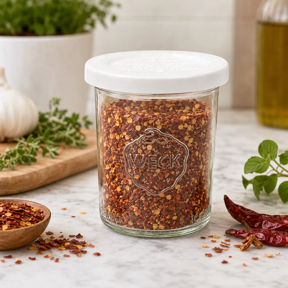 Vaso di vetro da 160 ml con coperchio salva-freschezza WECK RR60 WECK 160ml Sturzglas RR60 mit Chili-Gewürzmischung gefüllt als Gewürzdose in moderner Küche mit Kräutern