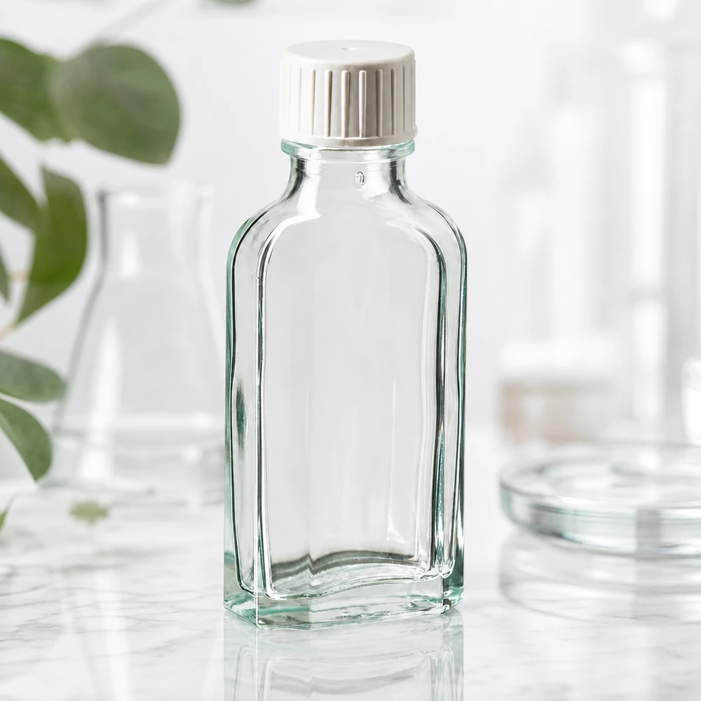 50 ml Meplat klar Schraubverschluss mit Giessring 50 ml Meplat Flasche Klarglas flache Bauform mit weißem Verschluss