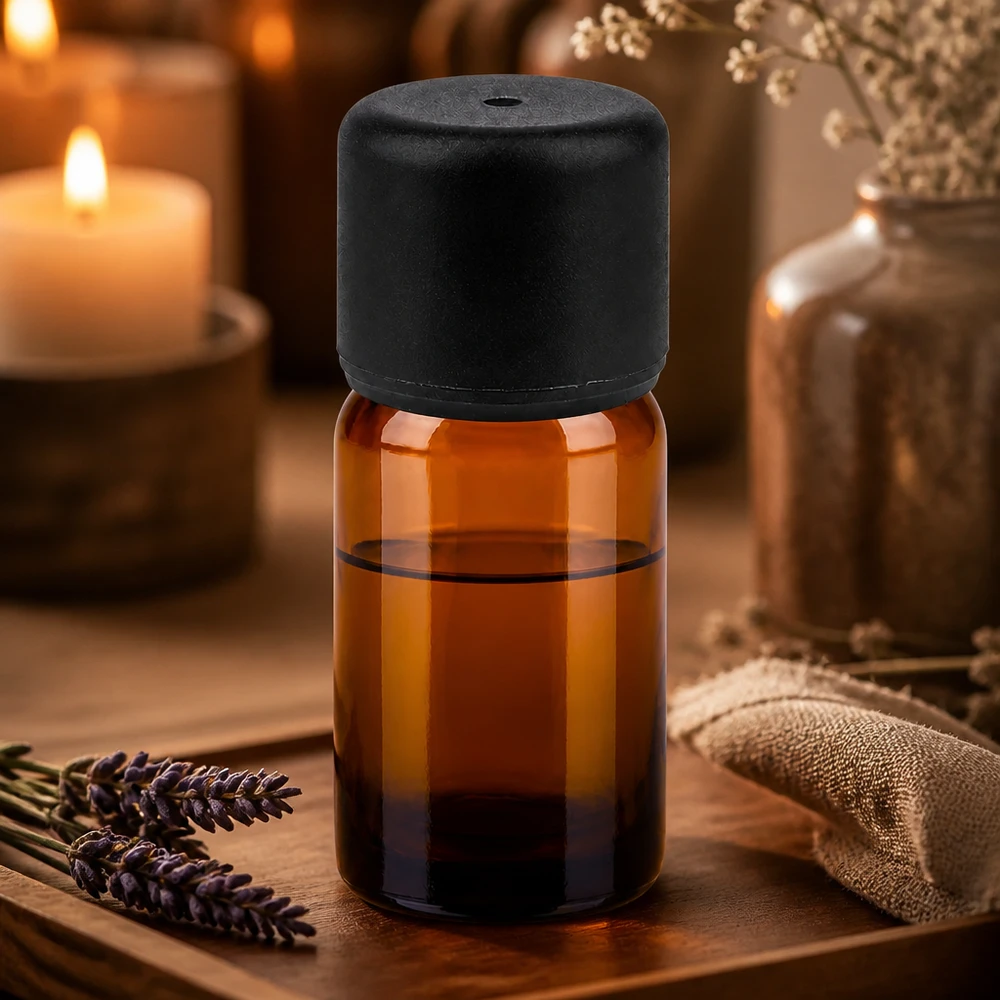Flacone compatto in vetro ambrato da 5 ml con protezione UV per oli essenziali e aromaterapia di alta qualità