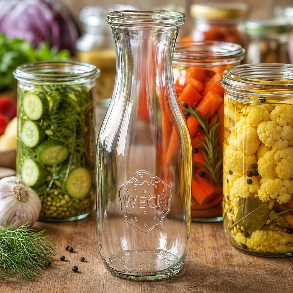 Bouteille à jus de 1 062 ml avec couvercle en verre WECK RR60 WECK Glasflasche 1062ml leer mit Logo neben bunten Einmachgläsern mit Gemüse und Gewürzen auf Holztisch