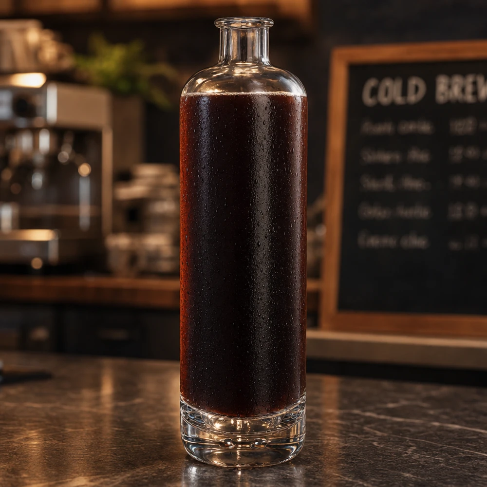 Bottiglia di vetro da 700 ml di Ella UNiTWIST riempita di caffè cold brew su un bancone scuro di un bar con un cartellone di menu sullo sfondo