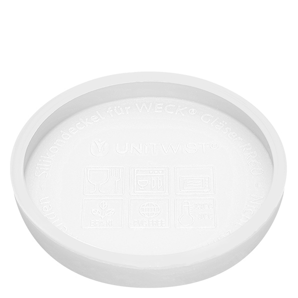 Vaso a tulipano WECK da 370 ml con coperchio in silicone bianco Coperchio in silicone UNiTWIST bianco per vasetti WECK RR80 lato inferiore con rilievo del produttore e nome del prodotto