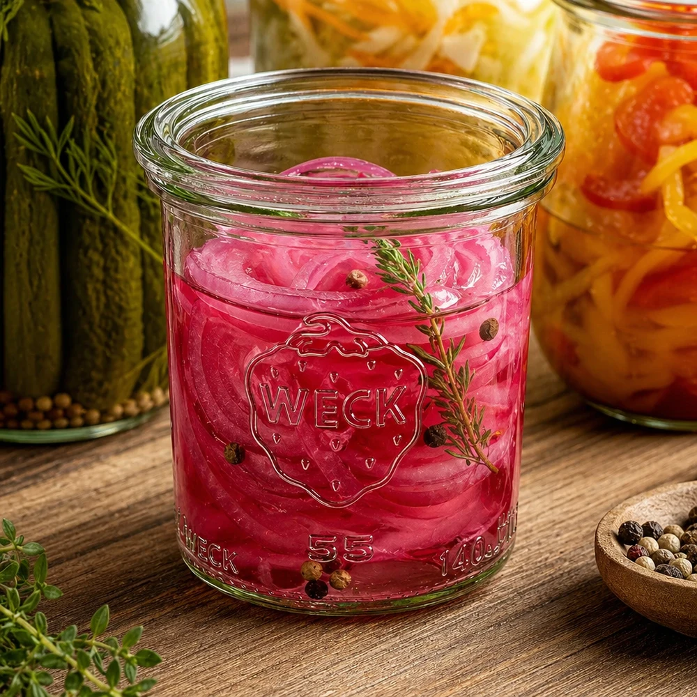 WECK Sturzglas 140ml RR60 mit eingelegten roten Zwiebeln Kräutern Pfefferkörnern neben anderen Einmachgläsern