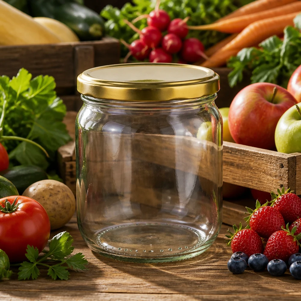 Vaso rotondo vuoto da 425 ml con coperchio BasicSeal dorato, circondato da frutta e verdura fresca da conservare.