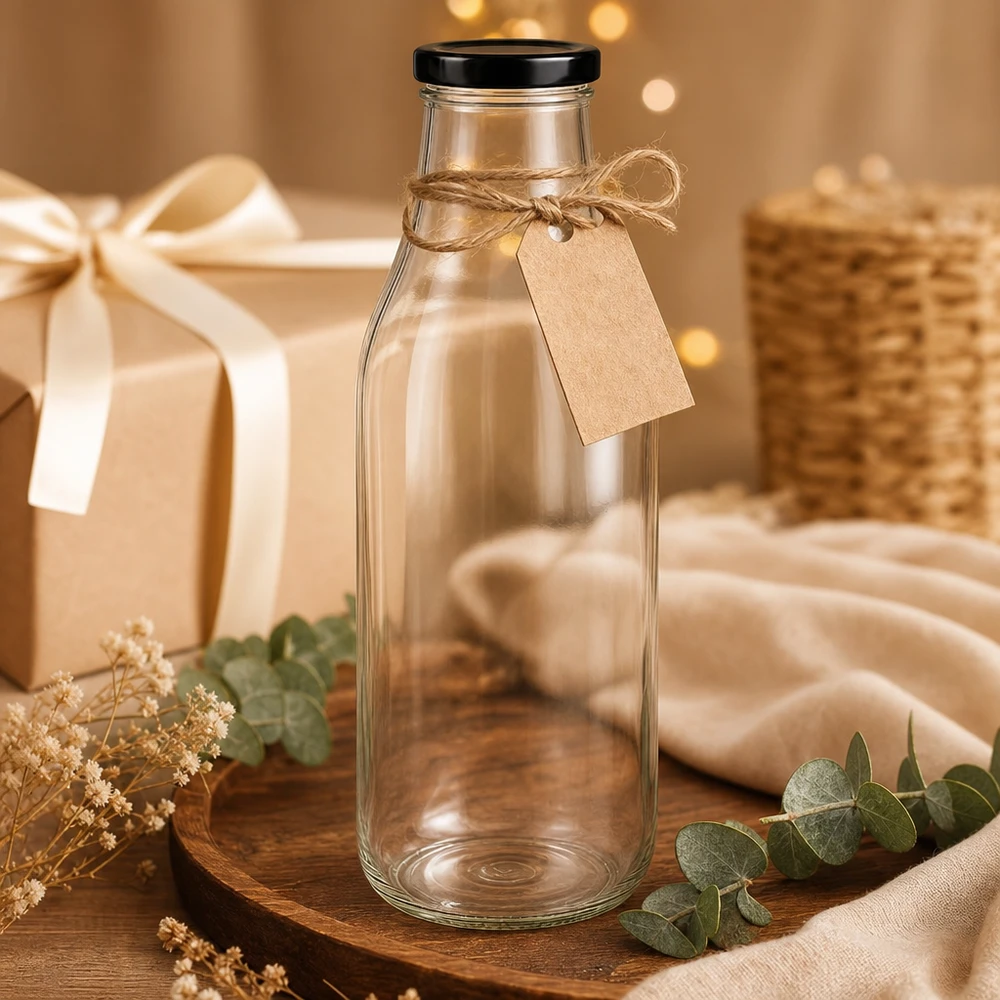 Bottiglia in vetro da 1000 ml con coperchio nero in regalo, decorata con nastro di rafia e cartellino in carta kraft