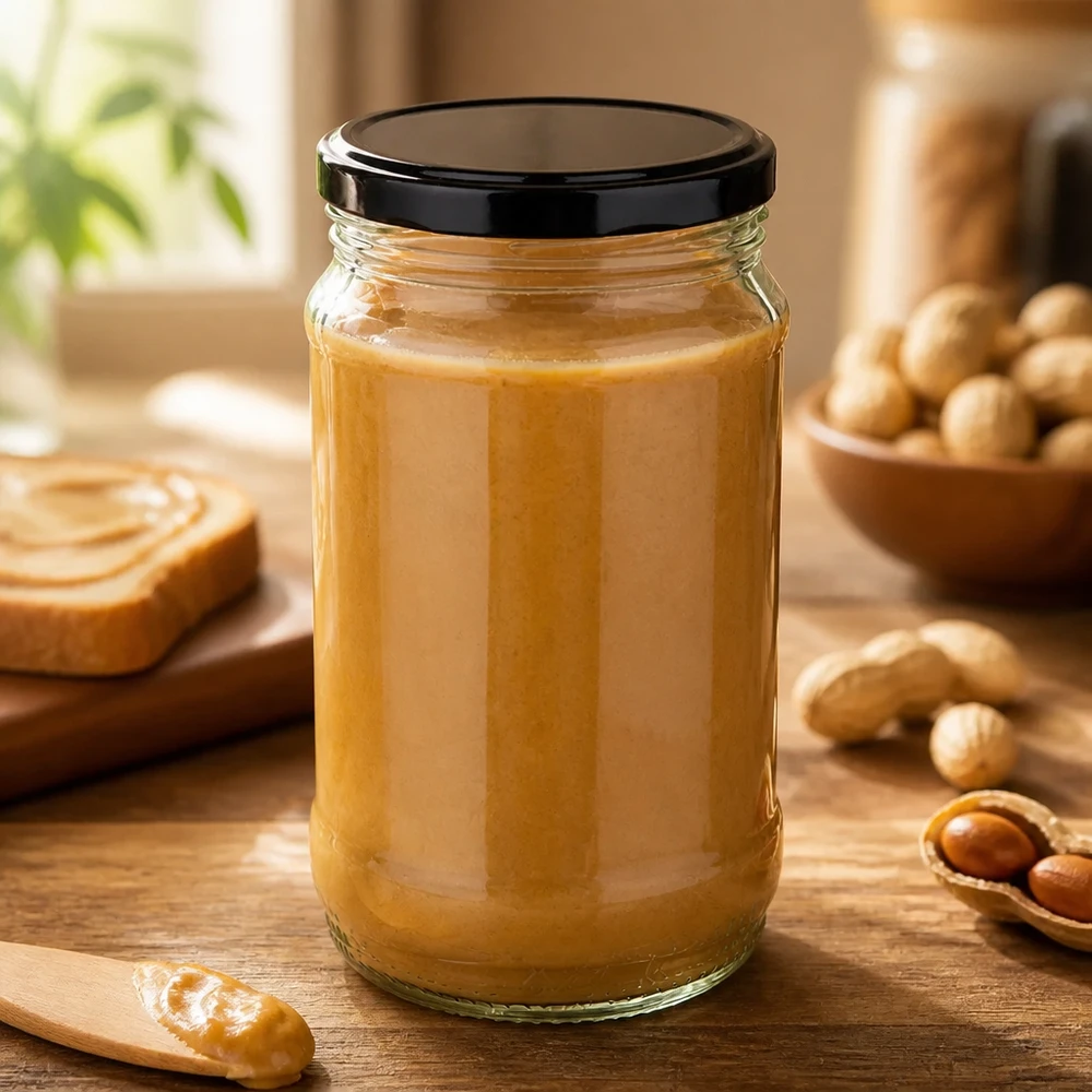370ml Rundglas + BasicSeal schwarz UNiTWIST Erdnussbutter in 370ml UNiTWIST Einmachglas mit schwarzem Twist-off Deckel neben frischen Erdnüssen