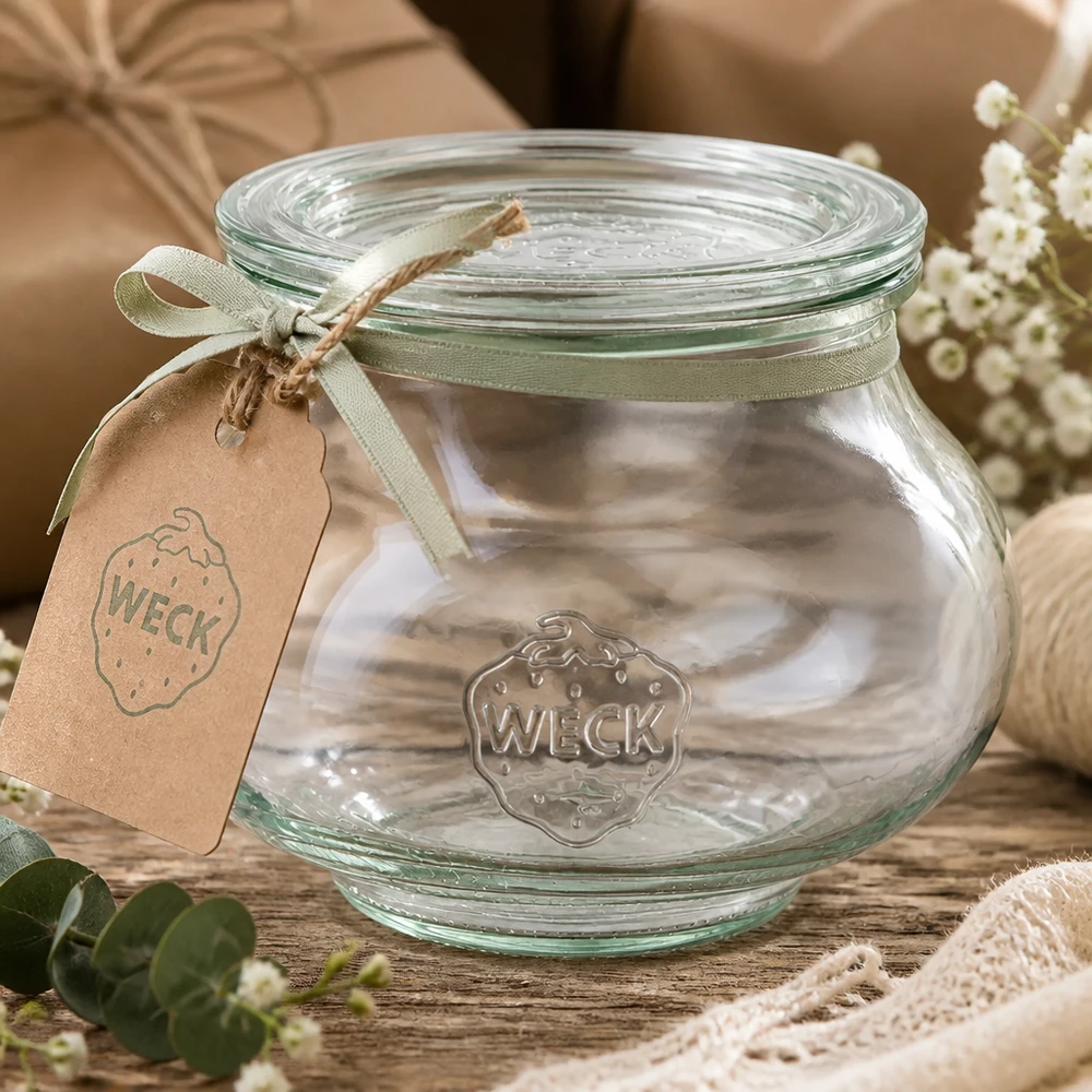 Barattolo decorativo da 560 ml con coperchio in vetro WECK RR80 Vaso portagioie WECK da 560 ml con nastro di raso verde e ciondolo su tavolo di legno decorato con fiori e pizzo