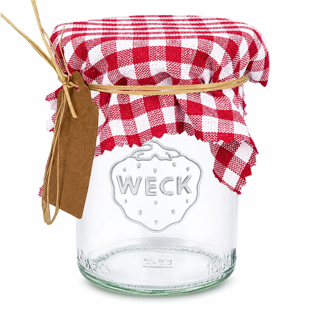 Centrino decorativo in tessuto bordeaux-chequered quadrato di 12 cm su vaso con motivo a percalle rosso ed etichetta marrone
