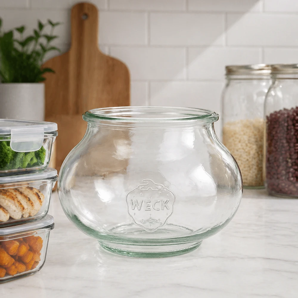 Barattolo di vetro decorativo WECK RR80 da 560 ml Vaso portagioie WECK 560ml RR80 in una cucina moderna tra vasi e barattoli di vetro su un piano di lavoro bianco