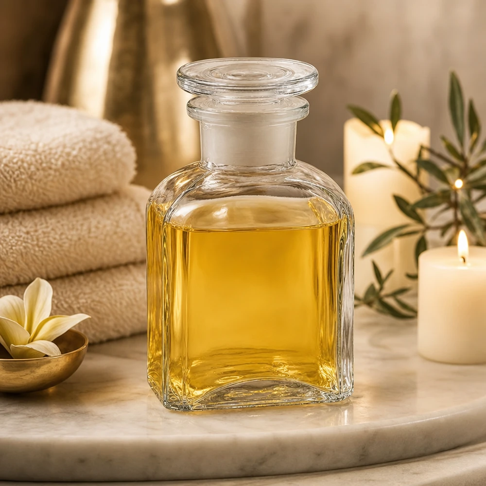 Flacone quadrato trasparente da 150 ml con collo largo e tappo in vetro per oli da massaggio e aromaterapia