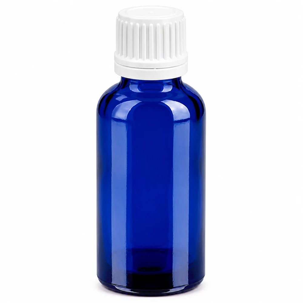 Flacon 30ml 11mm SV blanc OV BlueLine UT18/30 Flacon en verre bleu intense de 30 ml avec protection UV et bouchon de sécurité blanc