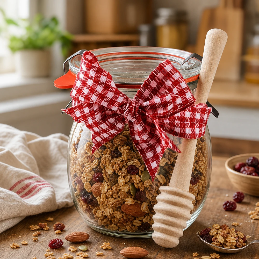 WECK mini vaso a tulipano 220ml completo di cucchiaio per miele Vasetto WECK a tulipano da 220 ml con muesli e frutta secca, decorato con fiocco a scacchi bianchi e rossi e cucchiaio da miele